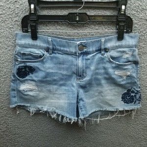 Loft Women's 27 Floral Blue Cut-Off Jean Shorts 32.5" 2.75" 8.75"